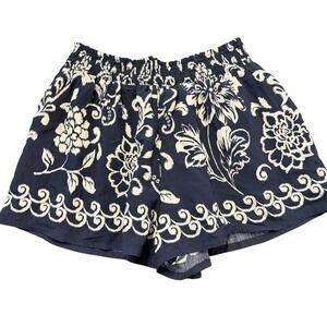 Esme Ladies navy blue and white floral paper bag shorts, lined, high waist, L